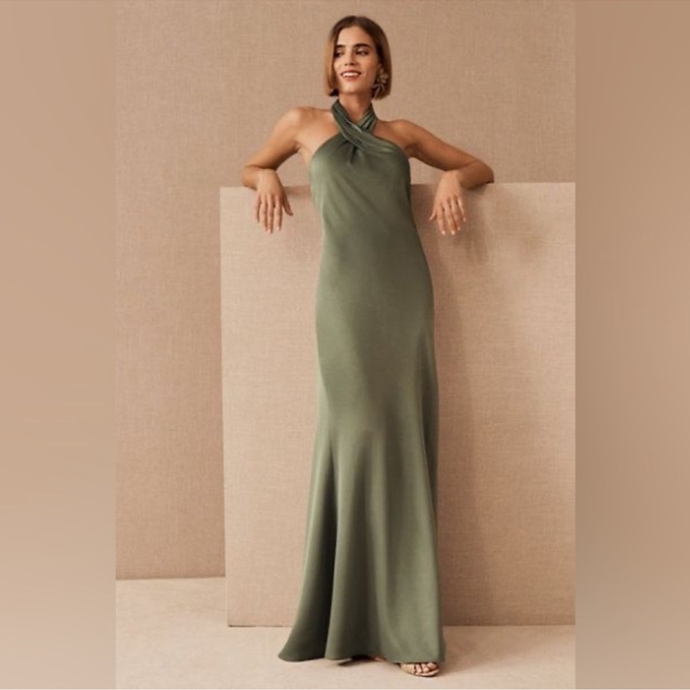 NWT BHLDN Anthropologie Ruby Twist Halter Satin Gown Moss Green - Picture 2 of 9